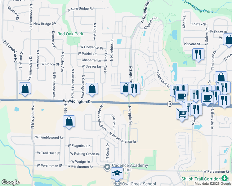 map of restaurants, bars, coffee shops, grocery stores, and more near 1210 North Garland Avenue in Fayetteville