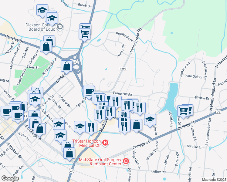 map of restaurants, bars, coffee shops, grocery stores, and more near 1 Sunny Ridge Circle in Dickson