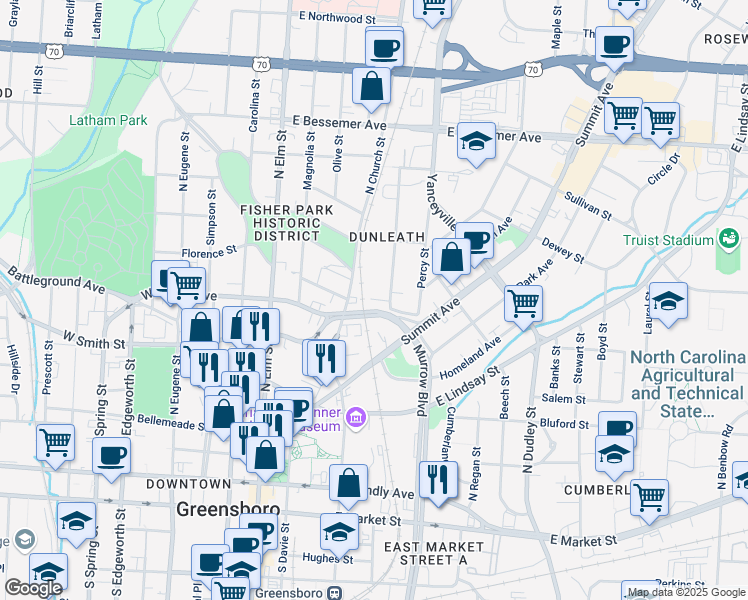 map of restaurants, bars, coffee shops, grocery stores, and more near 308 Leftwich Street in Greensboro