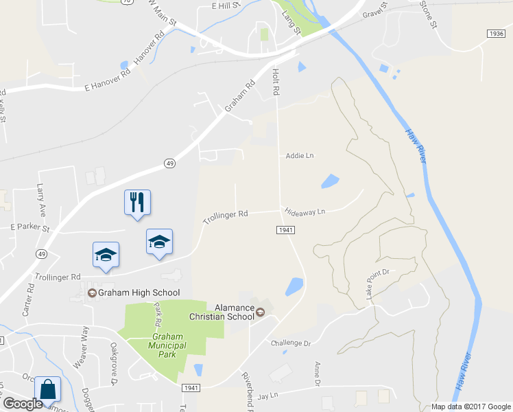 map of restaurants, bars, coffee shops, grocery stores, and more near 1238 Trollinger Rd in Graham