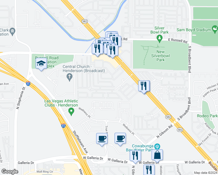 map of restaurants, bars, coffee shops, grocery stores, and more near 6436 Saddle Up Avenue in Henderson