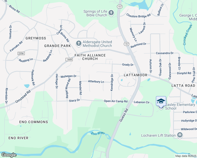 map of restaurants, bars, coffee shops, grocery stores, and more near 1822 Atterbury Lane in Durham