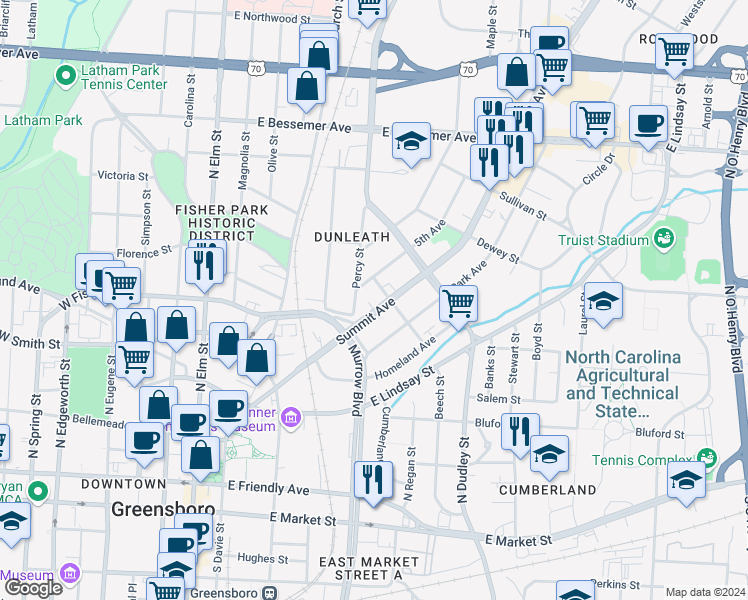 map of restaurants, bars, coffee shops, grocery stores, and more near 518 Summit Avenue in Greensboro
