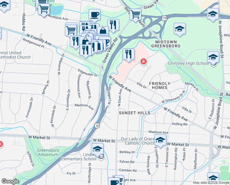 map of restaurants, bars, coffee shops, grocery stores, and more near in Greensboro