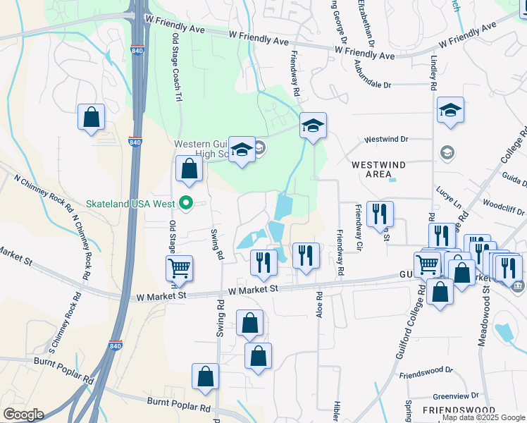 map of restaurants, bars, coffee shops, grocery stores, and more near 5500 Weslo Willow Circle in Greensboro