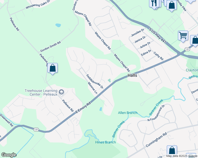 map of restaurants, bars, coffee shops, grocery stores, and more near 7419 Bellcastle Court in Knoxville