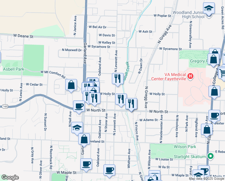map of restaurants, bars, coffee shops, grocery stores, and more near 1305 North Leverett Avenue in Fayetteville