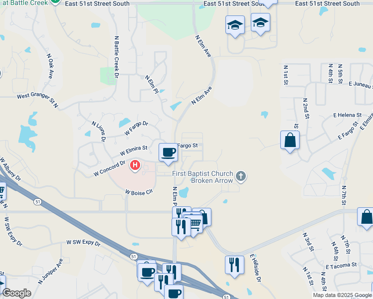 map of restaurants, bars, coffee shops, grocery stores, and more near 801 West Fargo Street in Broken Arrow