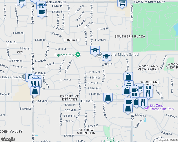 map of restaurants, bars, coffee shops, grocery stores, and more near 7332 East 58th Place in Tulsa