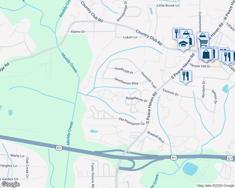 map of restaurants, bars, coffee shops, grocery stores, and more near 308 Bexley Drive in Winston-Salem