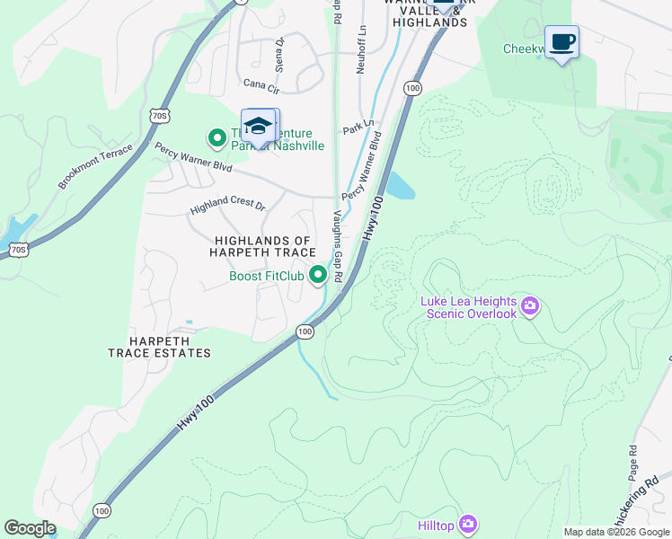 map of restaurants, bars, coffee shops, grocery stores, and more near 11 Vaughns Gap Road in Nashville