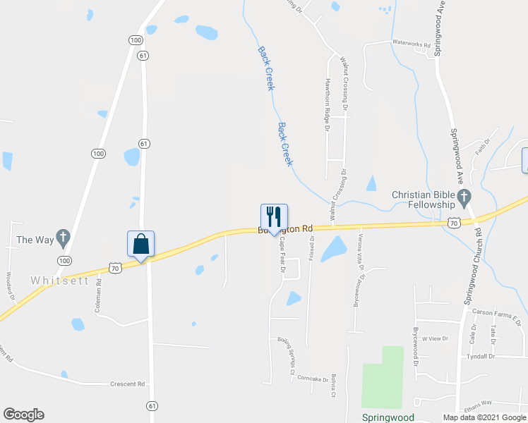 map of restaurants, bars, coffee shops, grocery stores, and more near 7241 Burlington Road in Whitsett