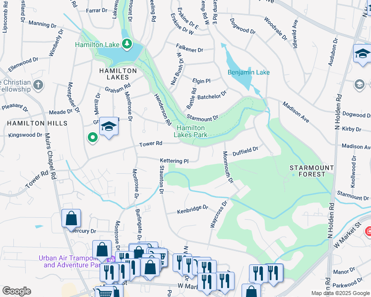 map of restaurants, bars, coffee shops, grocery stores, and more near 3309 Henderson Road in Greensboro