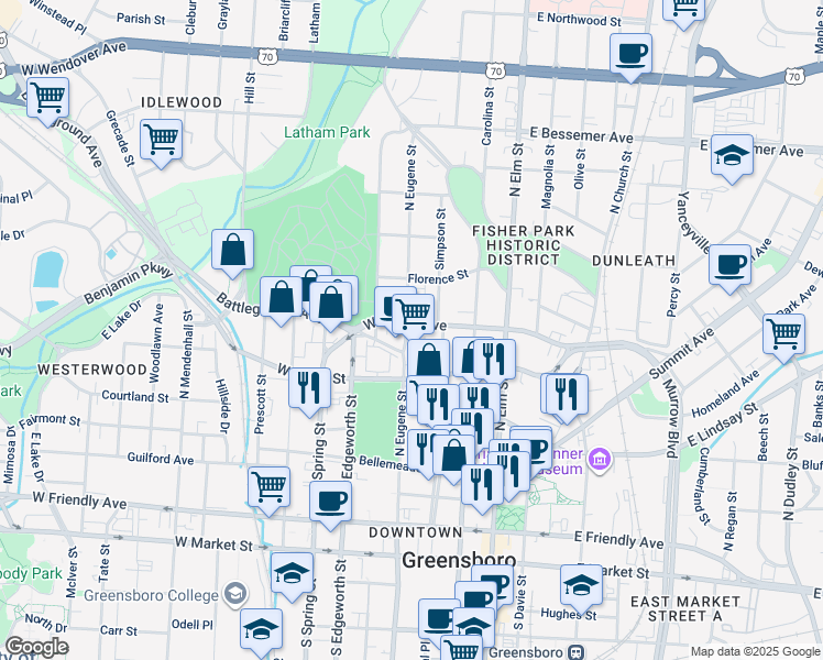 map of restaurants, bars, coffee shops, grocery stores, and more near 622 North Eugene Street in Greensboro