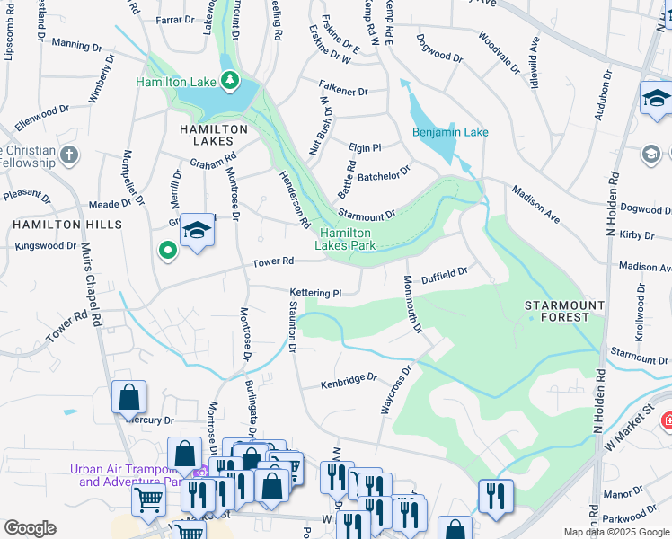 map of restaurants, bars, coffee shops, grocery stores, and more near 3309 Henderson Road in Greensboro