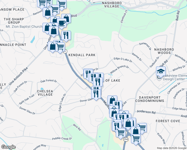 map of restaurants, bars, coffee shops, grocery stores, and more near 2600 Lakevilla Drive in Nashville