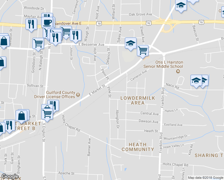 map of restaurants, bars, coffee shops, grocery stores, and more near 3603 Greensboro Street in Greensboro