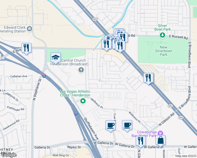 map of restaurants, bars, coffee shops, grocery stores, and more near 6016 Gentleslope Street in Henderson