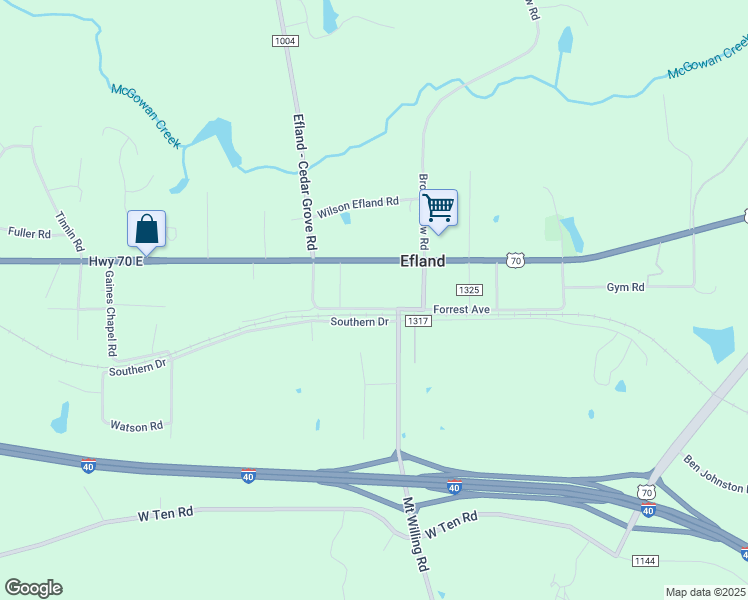 map of restaurants, bars, coffee shops, grocery stores, and more near 3515 Forrest Avenue in Efland
