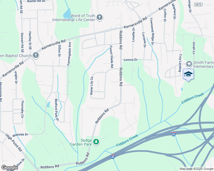 map of restaurants, bars, coffee shops, grocery stores, and more near 3822 Robbins Brook Drive in Winston-Salem