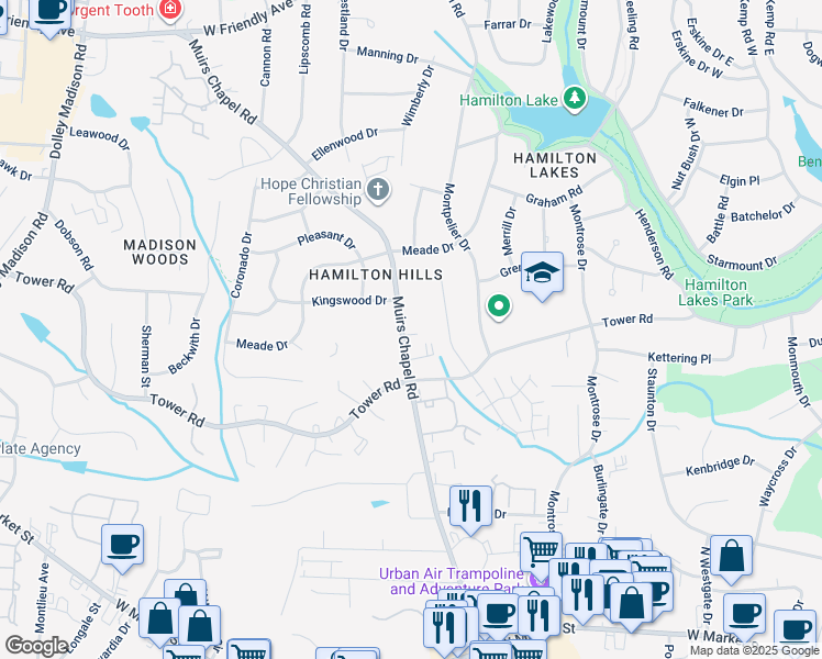 map of restaurants, bars, coffee shops, grocery stores, and more near 510 Muirs Chapel Road in Greensboro