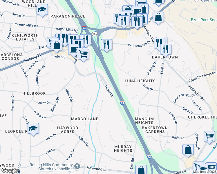 map of restaurants, bars, coffee shops, grocery stores, and more near 5150 Linbar Drive in Nashville