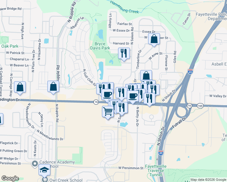 map of restaurants, bars, coffee shops, grocery stores, and more near 3476 West Chevaux Drive in Fayetteville