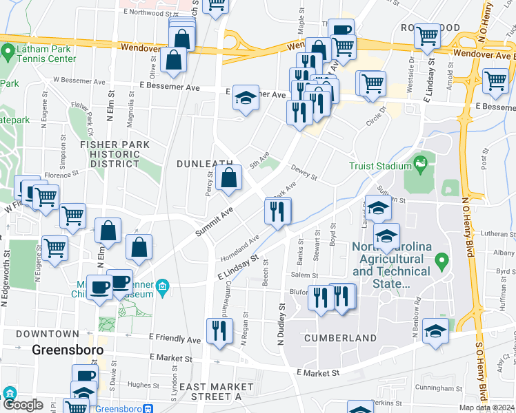 map of restaurants, bars, coffee shops, grocery stores, and more near 621 Park Avenue in Greensboro