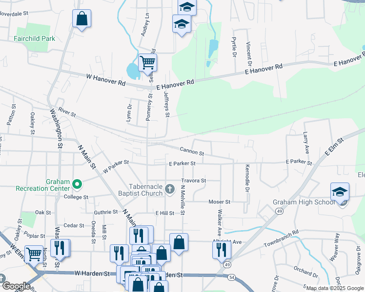 map of restaurants, bars, coffee shops, grocery stores, and more near 218 Cannon Street in Graham