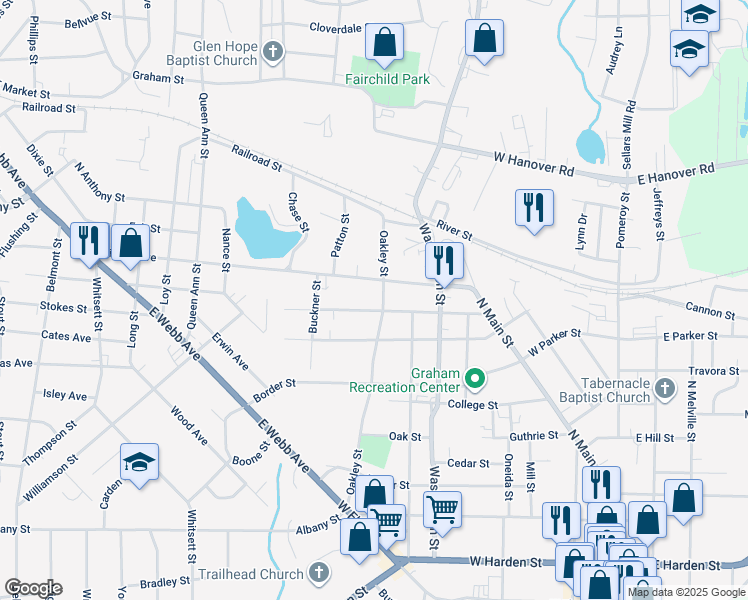 map of restaurants, bars, coffee shops, grocery stores, and more near 816 Oakley Street in Graham