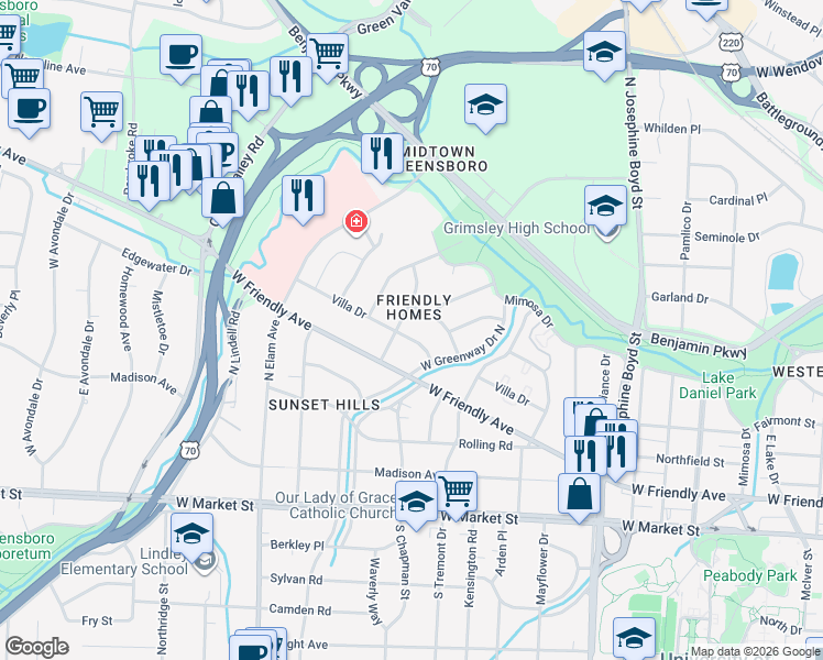 map of restaurants, bars, coffee shops, grocery stores, and more near 2100 West Friendly Avenue in Greensboro