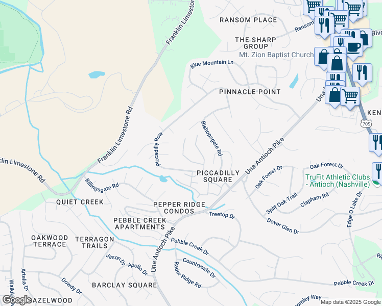 map of restaurants, bars, coffee shops, grocery stores, and more near 500 Piccadilly Row in Antioch