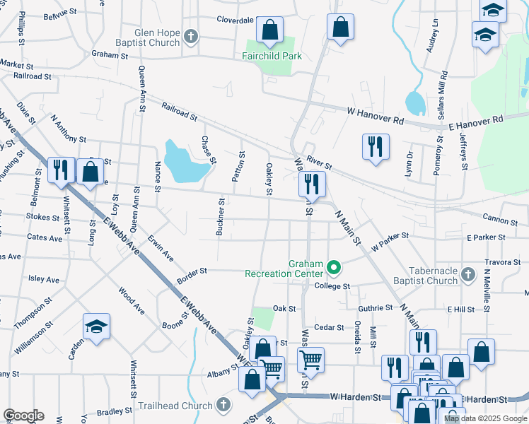 map of restaurants, bars, coffee shops, grocery stores, and more near 816 Oakley Street in Graham