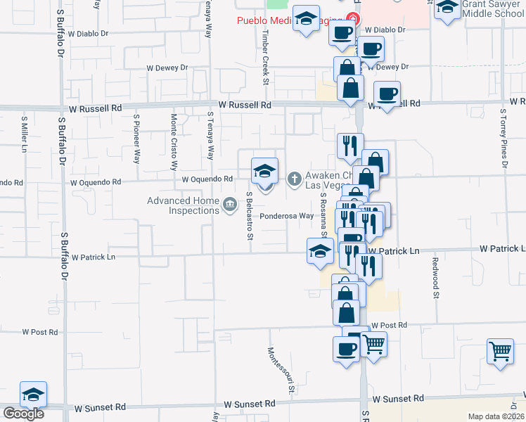 map of restaurants, bars, coffee shops, grocery stores, and more near 7173 Ponderosa Way in Las Vegas