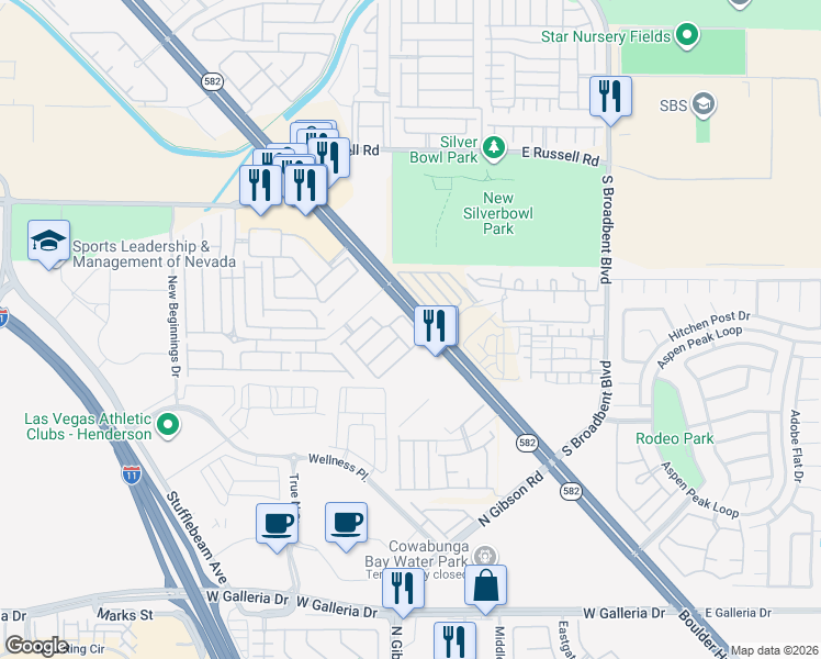 map of restaurants, bars, coffee shops, grocery stores, and more near 6649 Tumbleweed Ridge Lane in Henderson