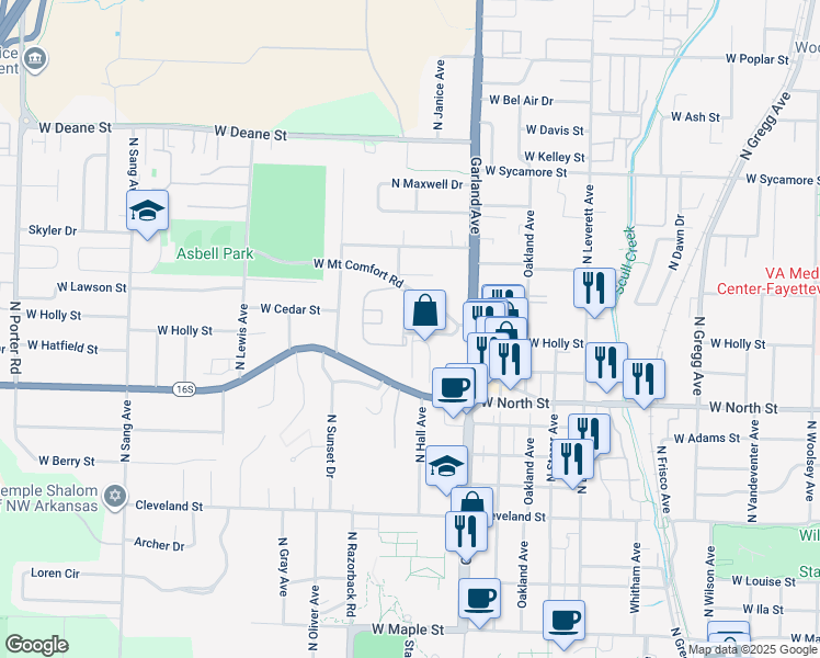 map of restaurants, bars, coffee shops, grocery stores, and more near 1211 West James Street in Fayetteville