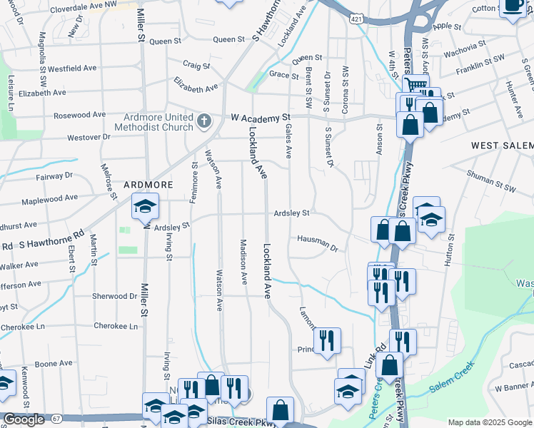 map of restaurants, bars, coffee shops, grocery stores, and more near Ardsley Street in Winston-Salem