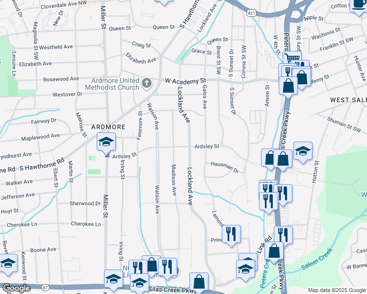 map of restaurants, bars, coffee shops, grocery stores, and more near Ardsley Street in Winston-Salem