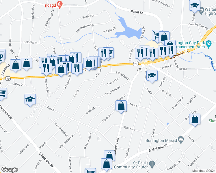 map of restaurants, bars, coffee shops, grocery stores, and more near 117 Forest Drive in Burlington