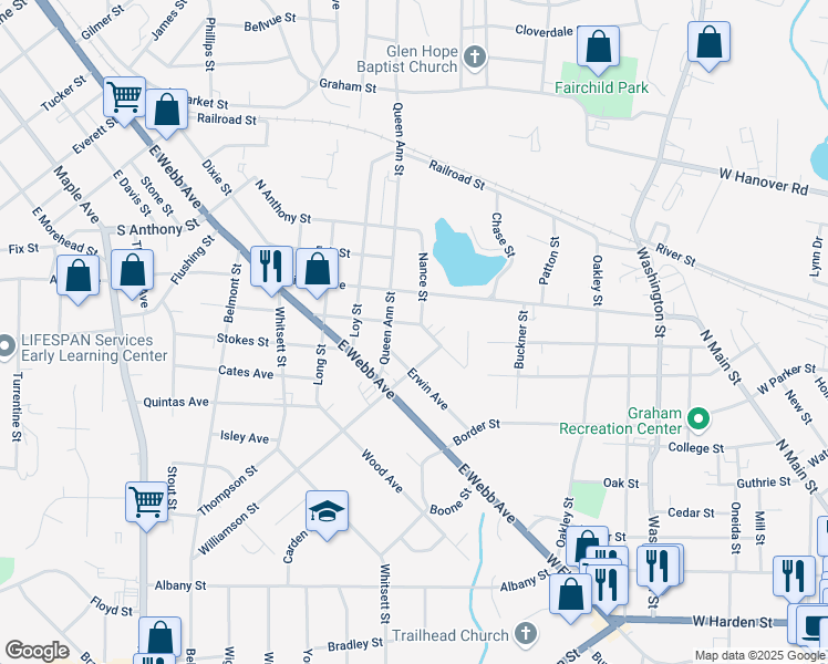 map of restaurants, bars, coffee shops, grocery stores, and more near 1610 Erwin Avenue in Burlington