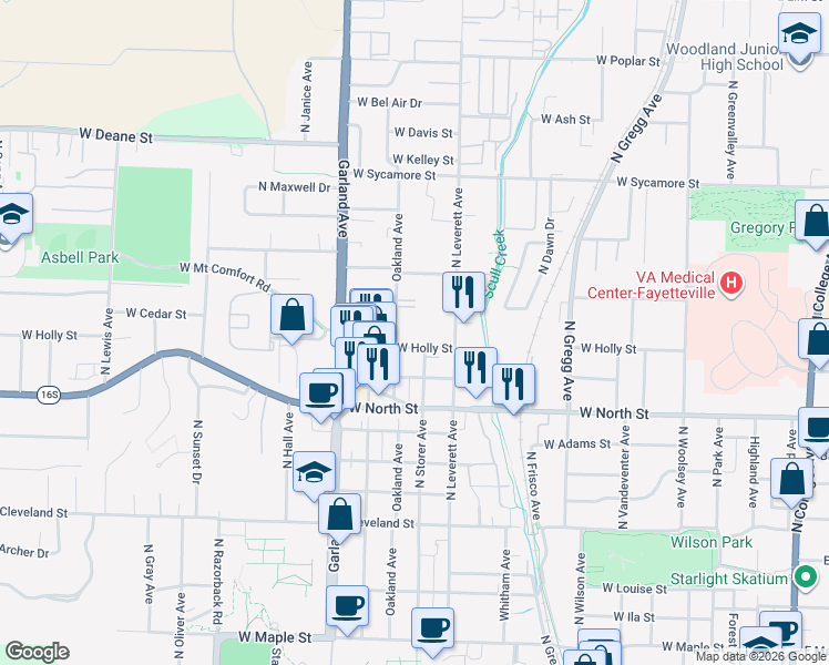 map of restaurants, bars, coffee shops, grocery stores, and more near 941 West Holly Street in Fayetteville