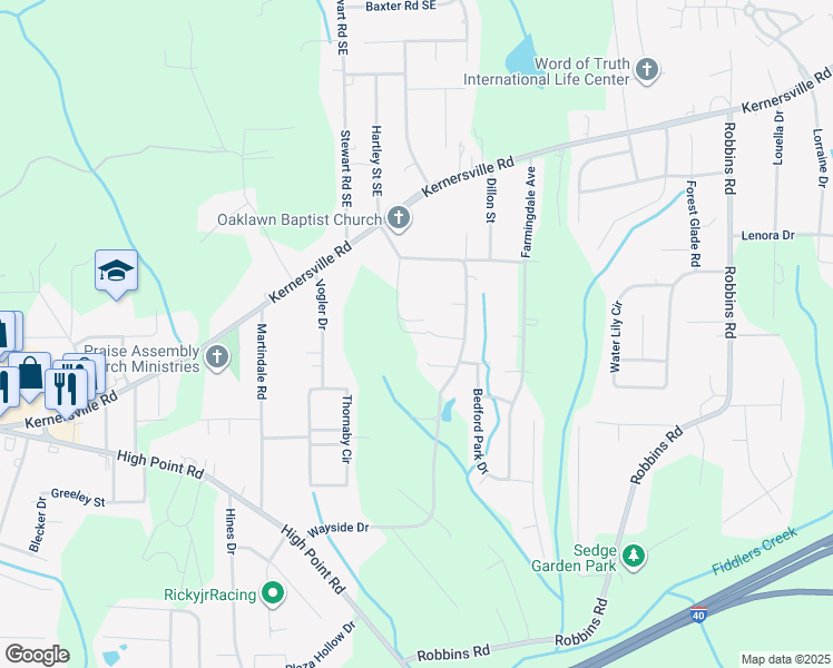 map of restaurants, bars, coffee shops, grocery stores, and more near 239 Old Wayside Drive in Winston-Salem