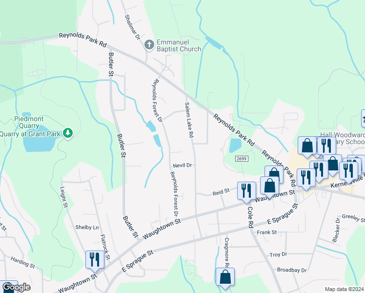 map of restaurants, bars, coffee shops, grocery stores, and more near 2808 Barker Court in Winston-Salem