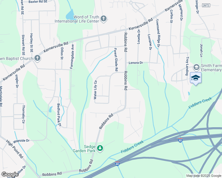 map of restaurants, bars, coffee shops, grocery stores, and more near 3822 Robbins Brook Drive in Winston-Salem