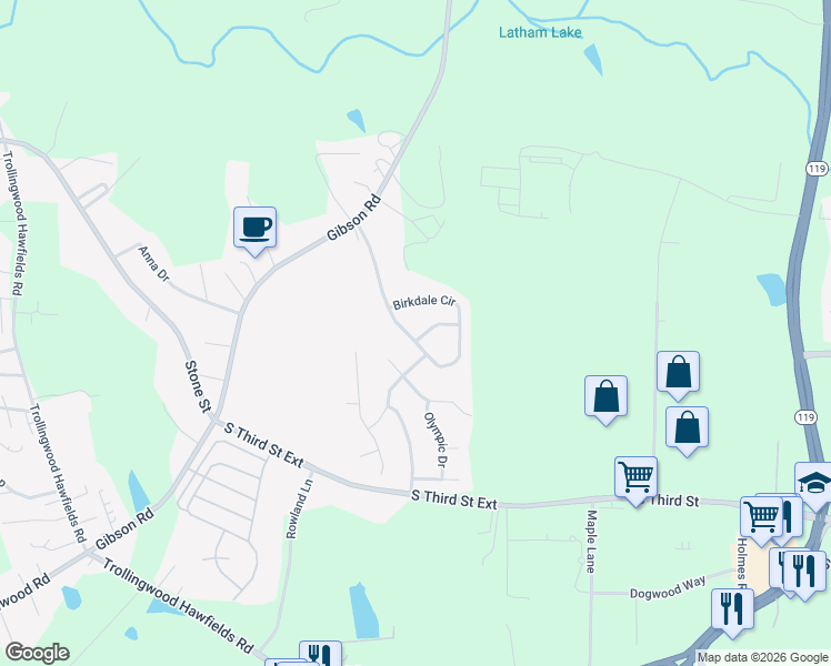 map of restaurants, bars, coffee shops, grocery stores, and more near 1200 Birkdale Circle in Mebane