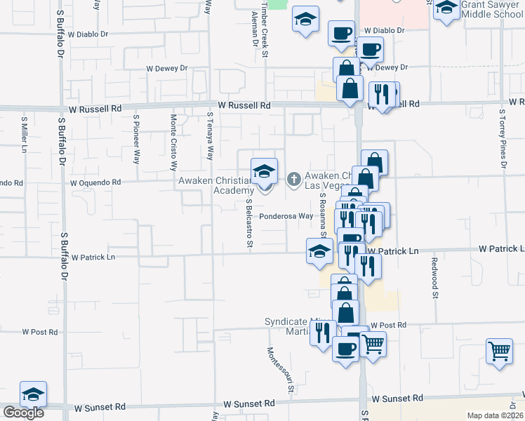 map of restaurants, bars, coffee shops, grocery stores, and more near 7173 Ponderosa Way in Las Vegas