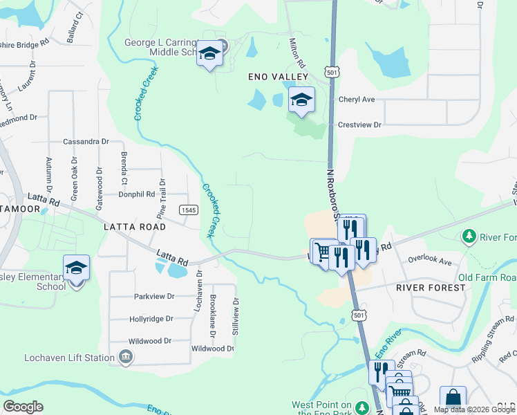 map of restaurants, bars, coffee shops, grocery stores, and more near 5022 McKittrick Lane in Durham