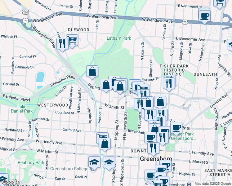 map of restaurants, bars, coffee shops, grocery stores, and more near 517 North Spring Street in Greensboro