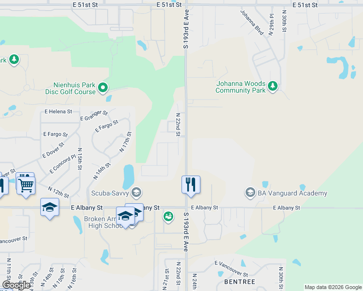 map of restaurants, bars, coffee shops, grocery stores, and more near 2800 North 23rd Street in Broken Arrow
