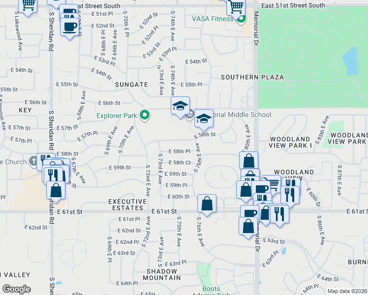 map of restaurants, bars, coffee shops, grocery stores, and more near 7332 East 58th Place in Tulsa